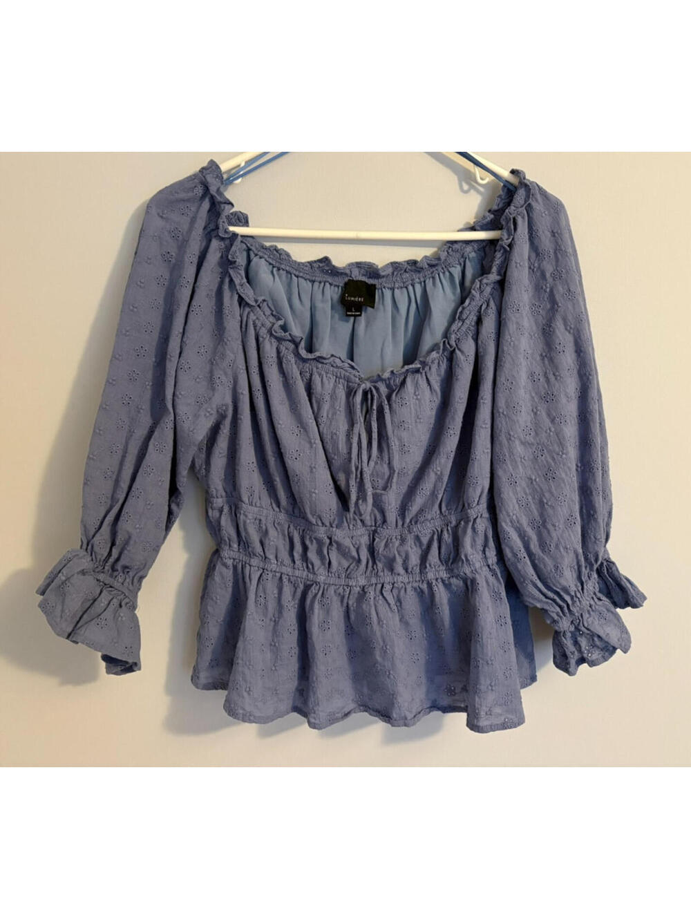 Lumiere Womens Top Large Babydoll Off Shoulder Cropped Blue Eyelet Milkmaid